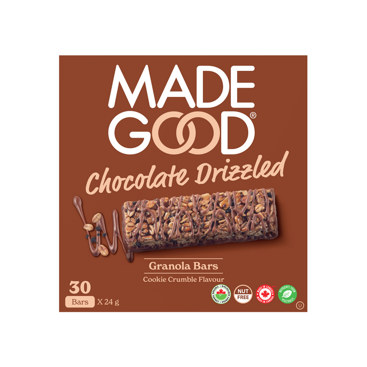 A box with 30 bars of MadeGood chocolate drizzled cookie crumble granola bar