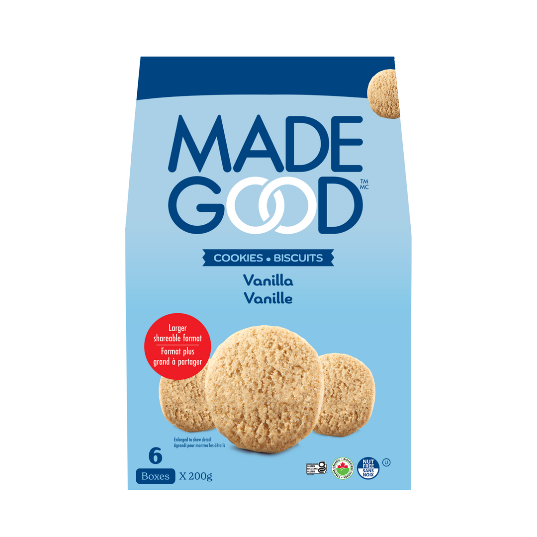 6 boxes of MadeGood vanilla cookies in a larger shareable format
