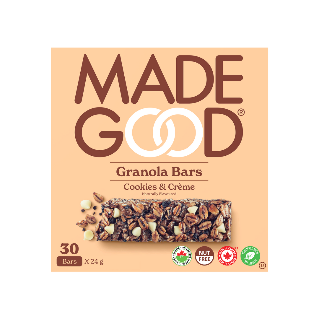 A box with 30 MadeGood cookies & creme granola bars