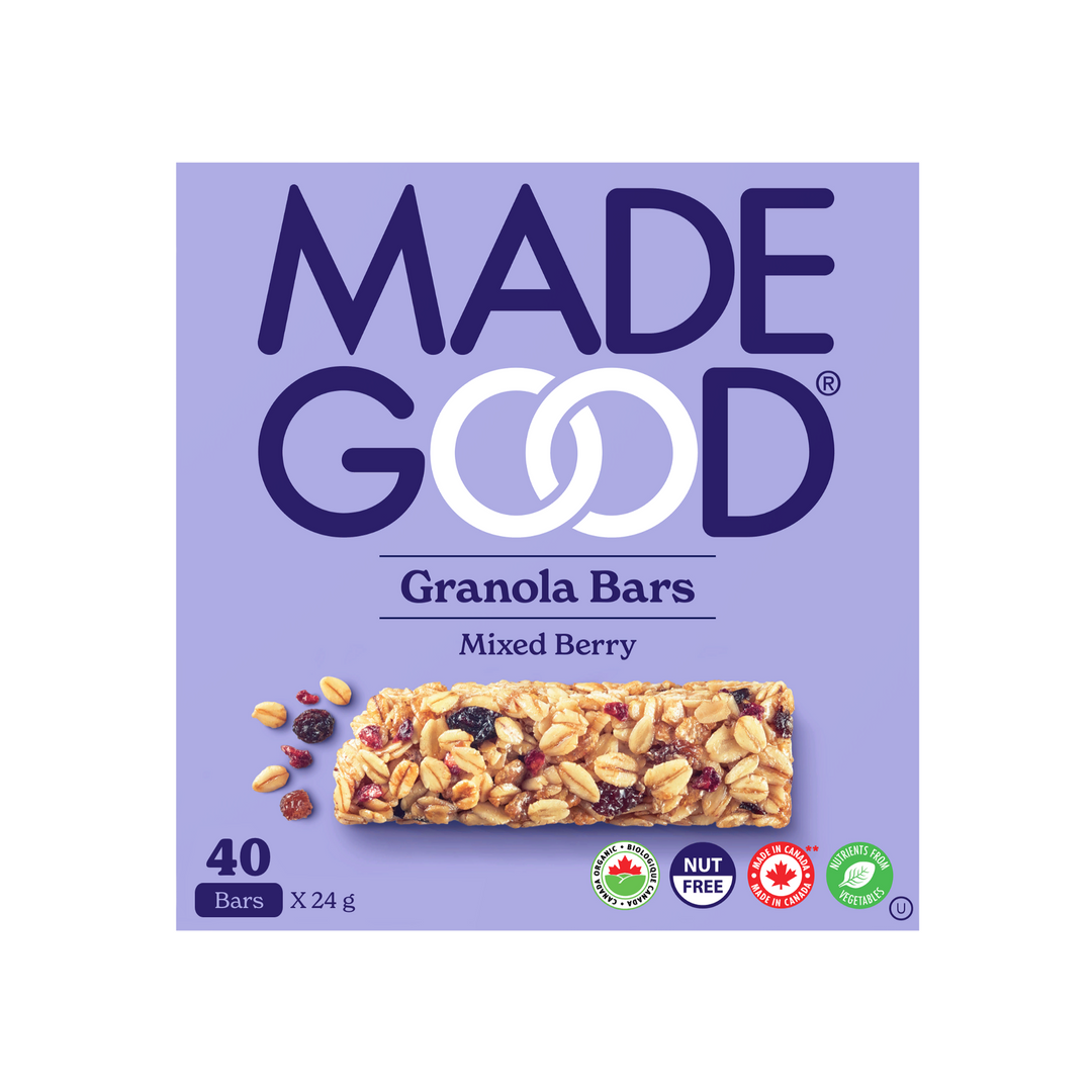 a box with 40 MadeGood mixed berry granola bars