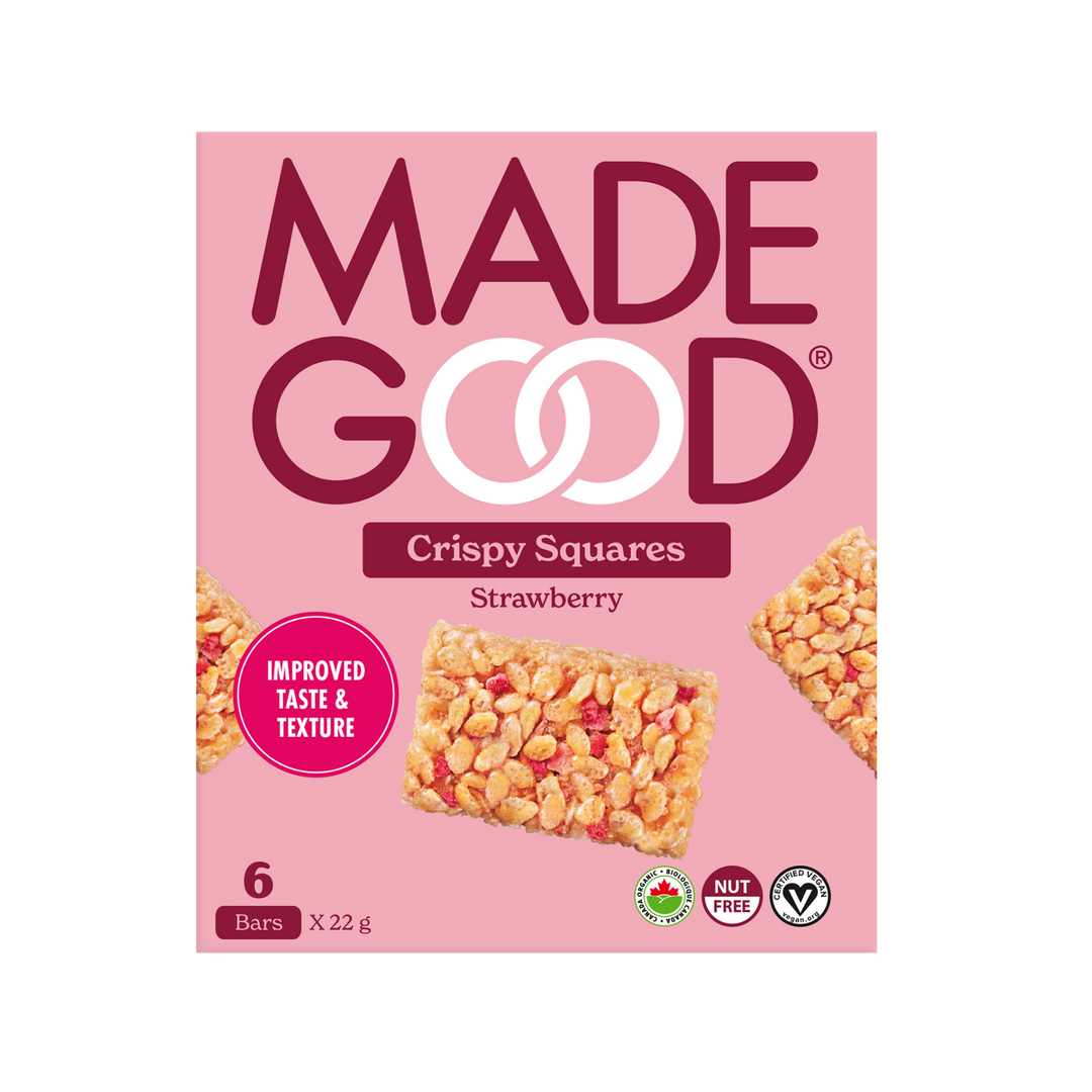 A box of MadeGood strawberry crispy squares