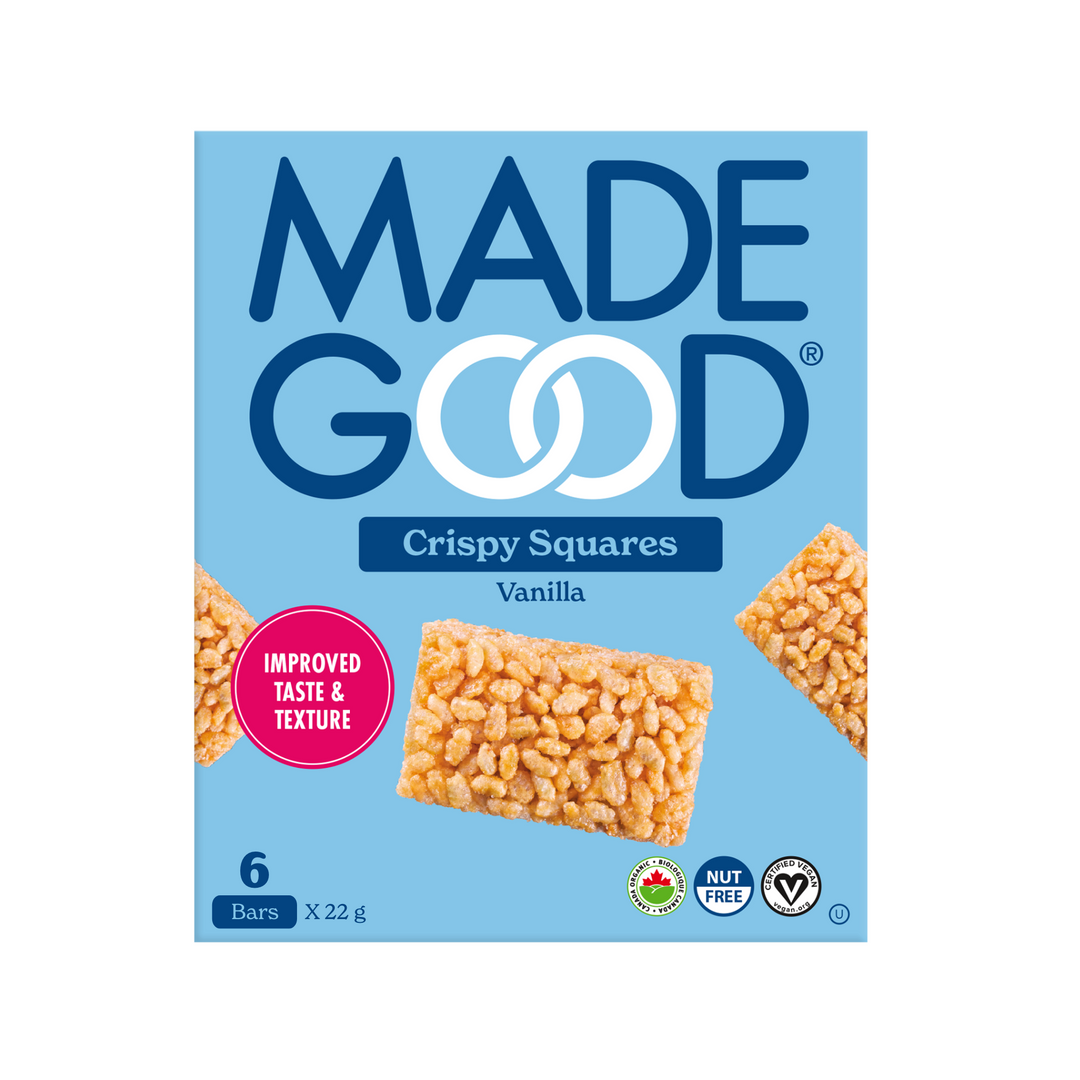 A box of MadeGood vanilla crispy squares