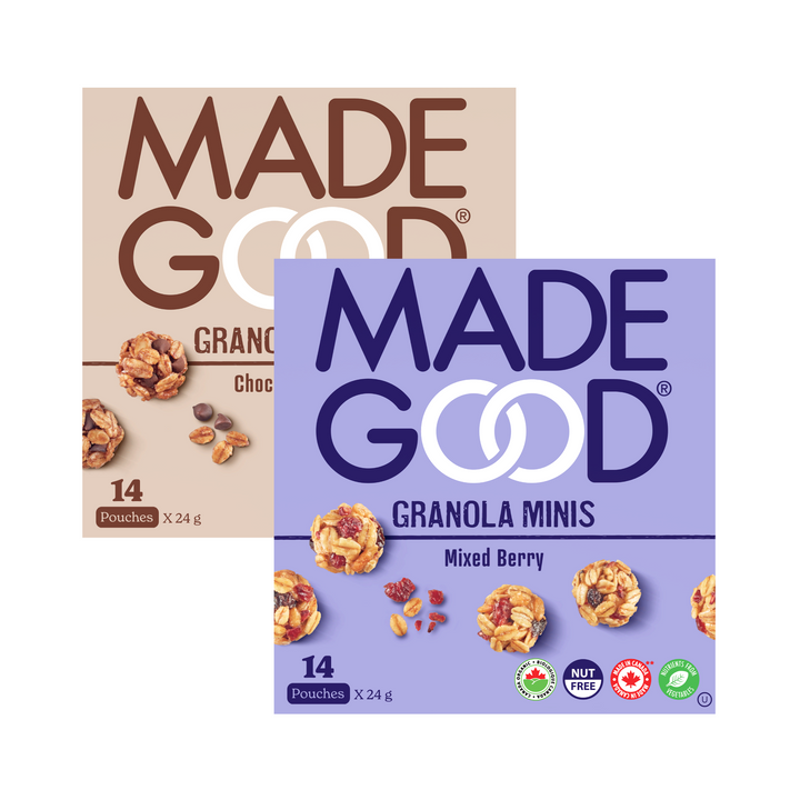 24 pouches of MadeGood granola minis with 14 in each flavour: Mixed berry and chocolate chip