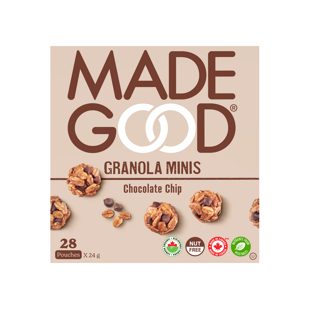A box with 28 pouches of MadeGood chocolate chip granola minis