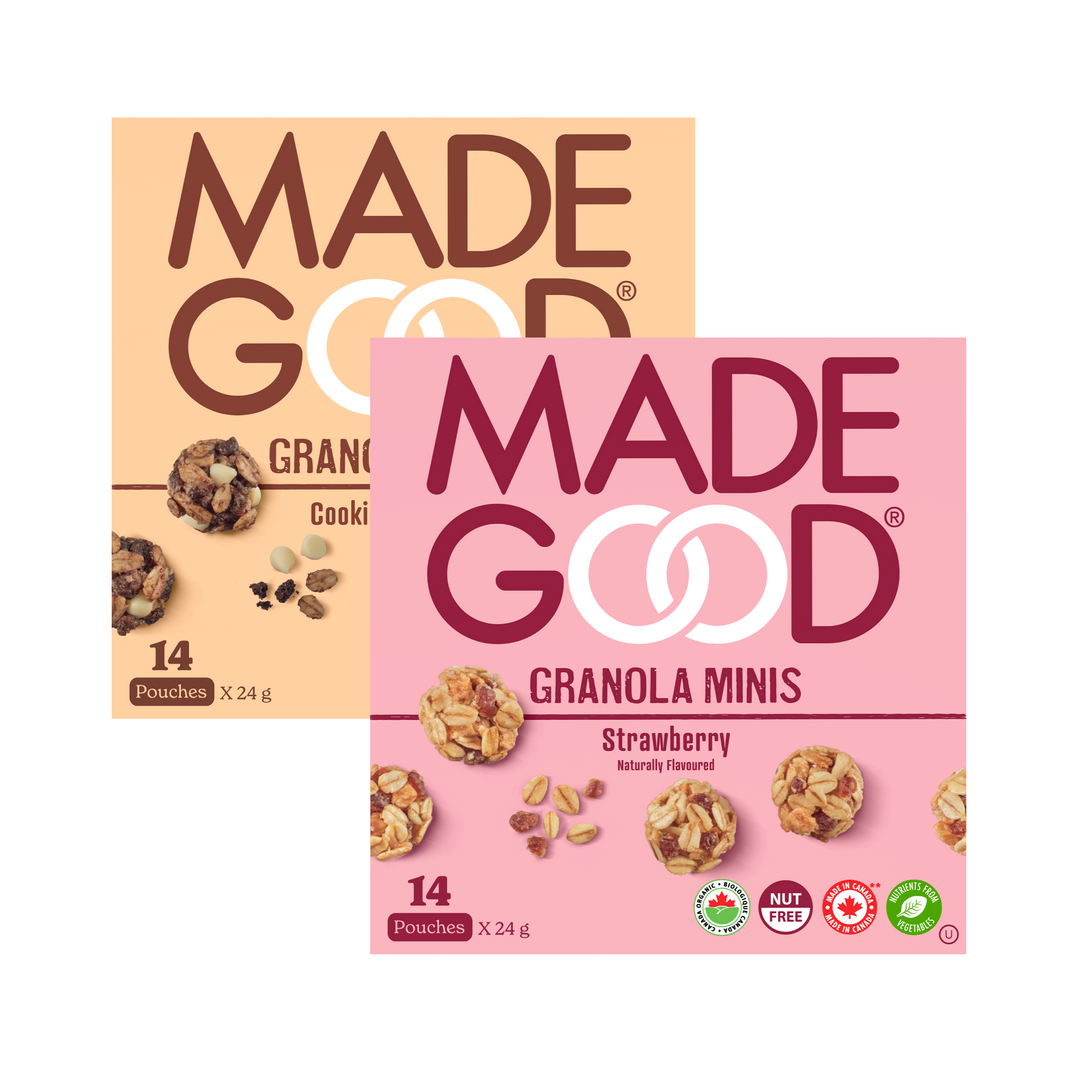 28 pouches of MadeGood granola minis: 14 units of each flavour strawberry and cookies & creme