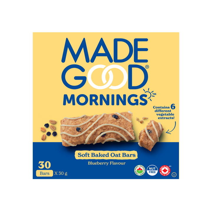 A box of 30 MadeGood mornings blueberry soft baked oat bars