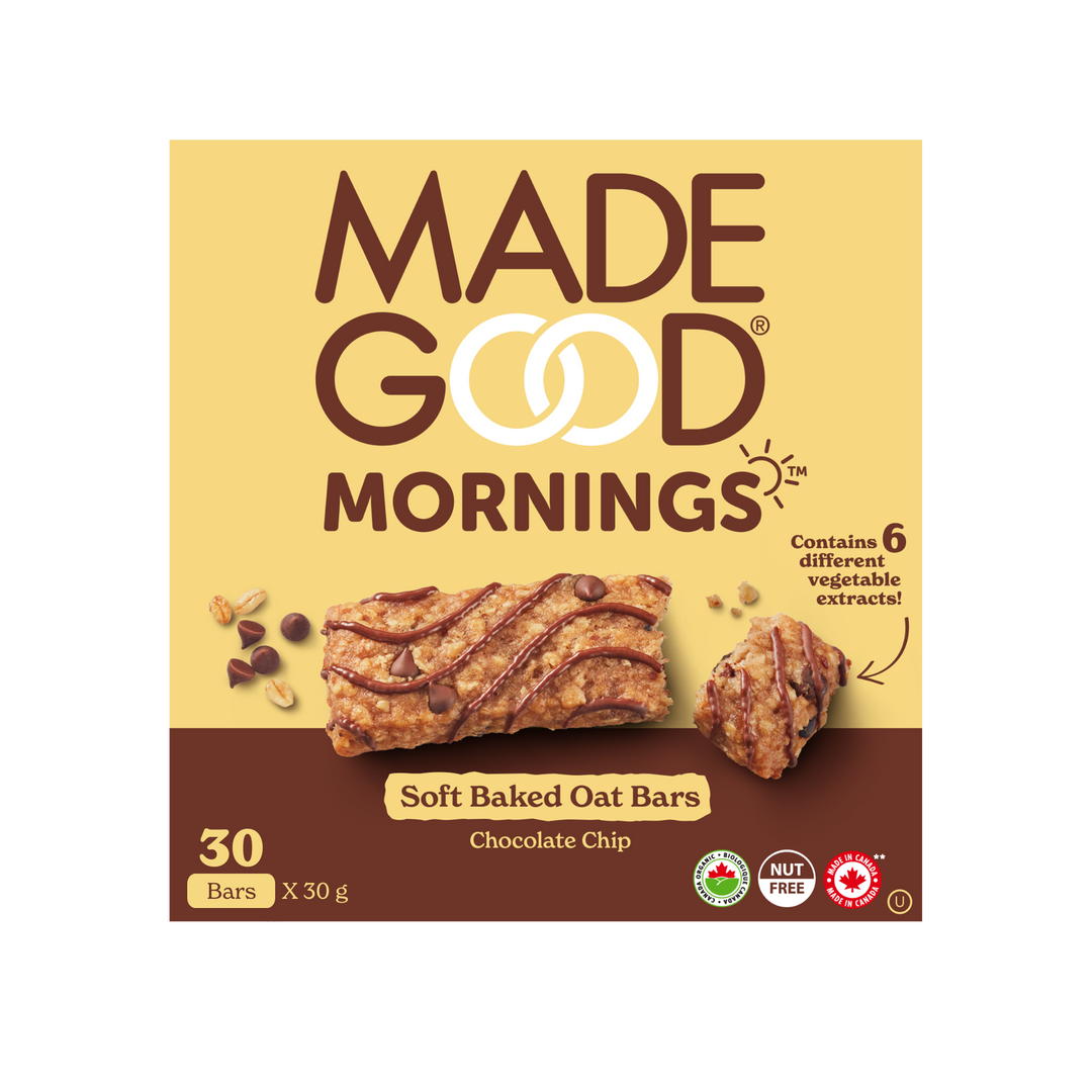 A box of 30 MadeGood mornings chocolate chip soft baked oat bars