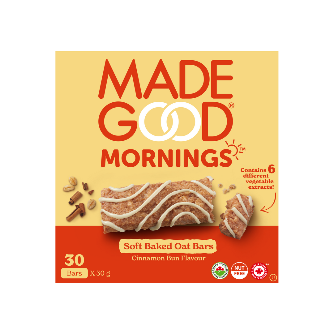 A box of 30 MadeGood mornings cinnamon bun soft baked oat bars