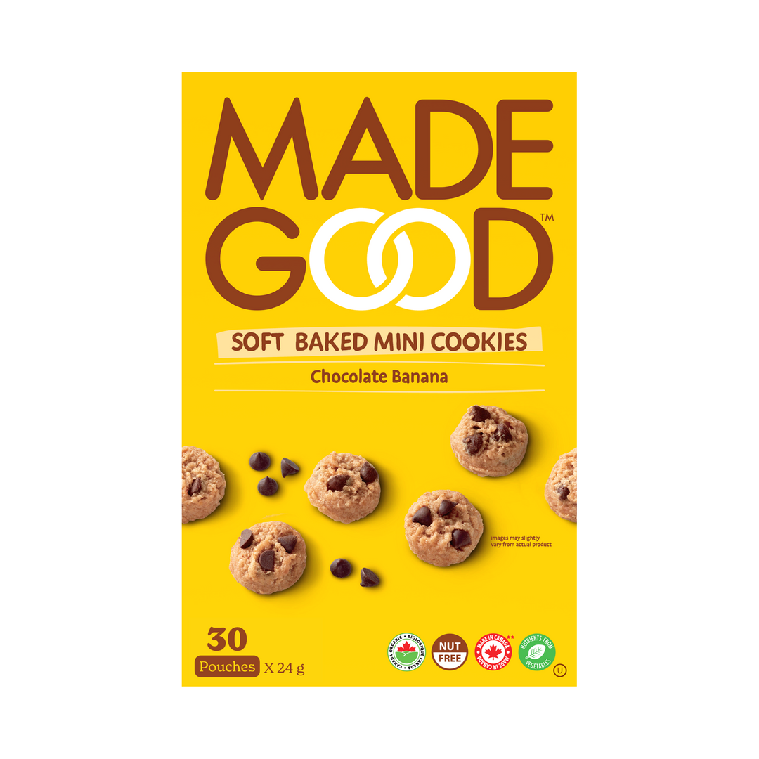 A box with 30 pouches of MadeGood soft baked mini cookies in chocolate banana flavour