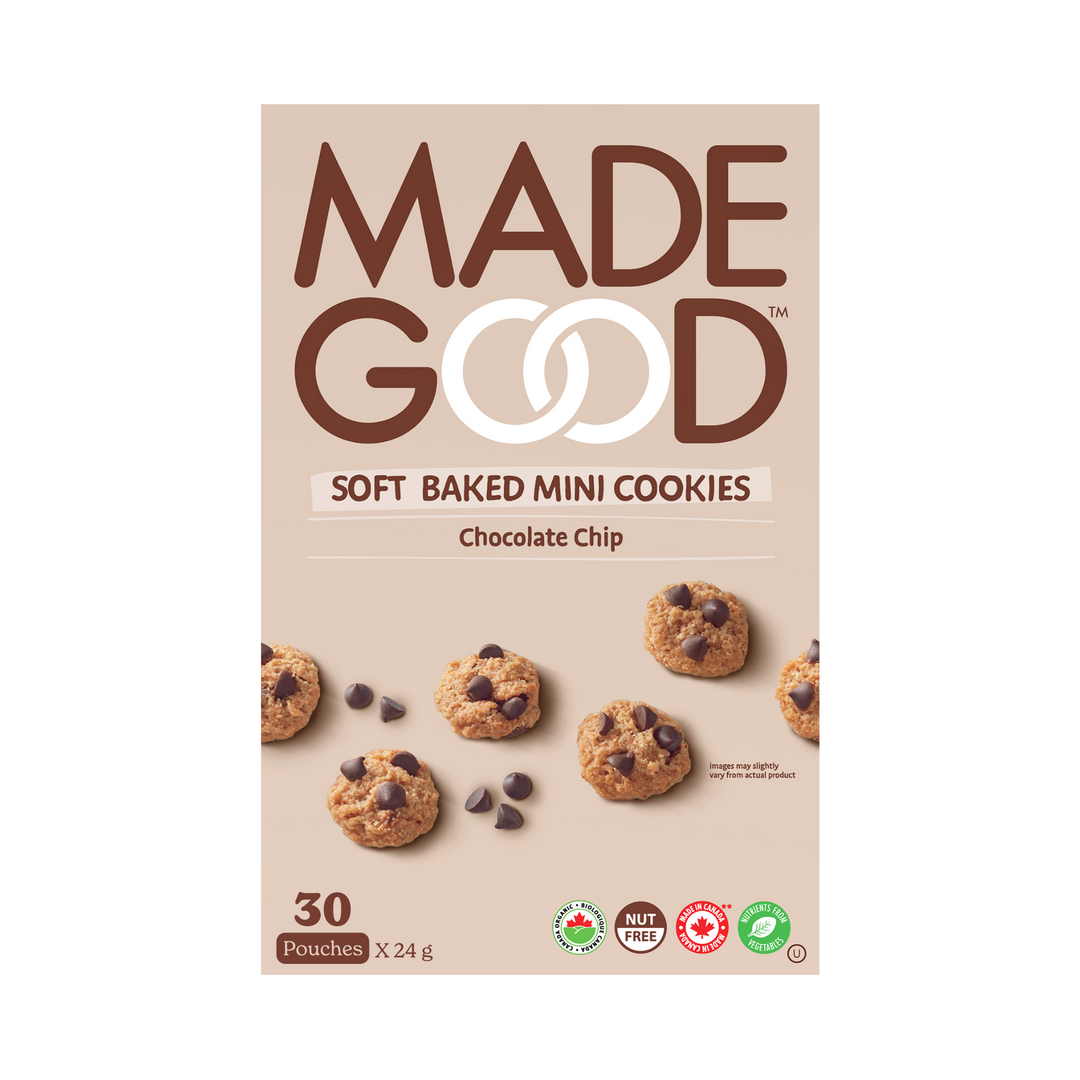 A box with 30 pouches of MadeGood soft baked chocolate chip mini cookies