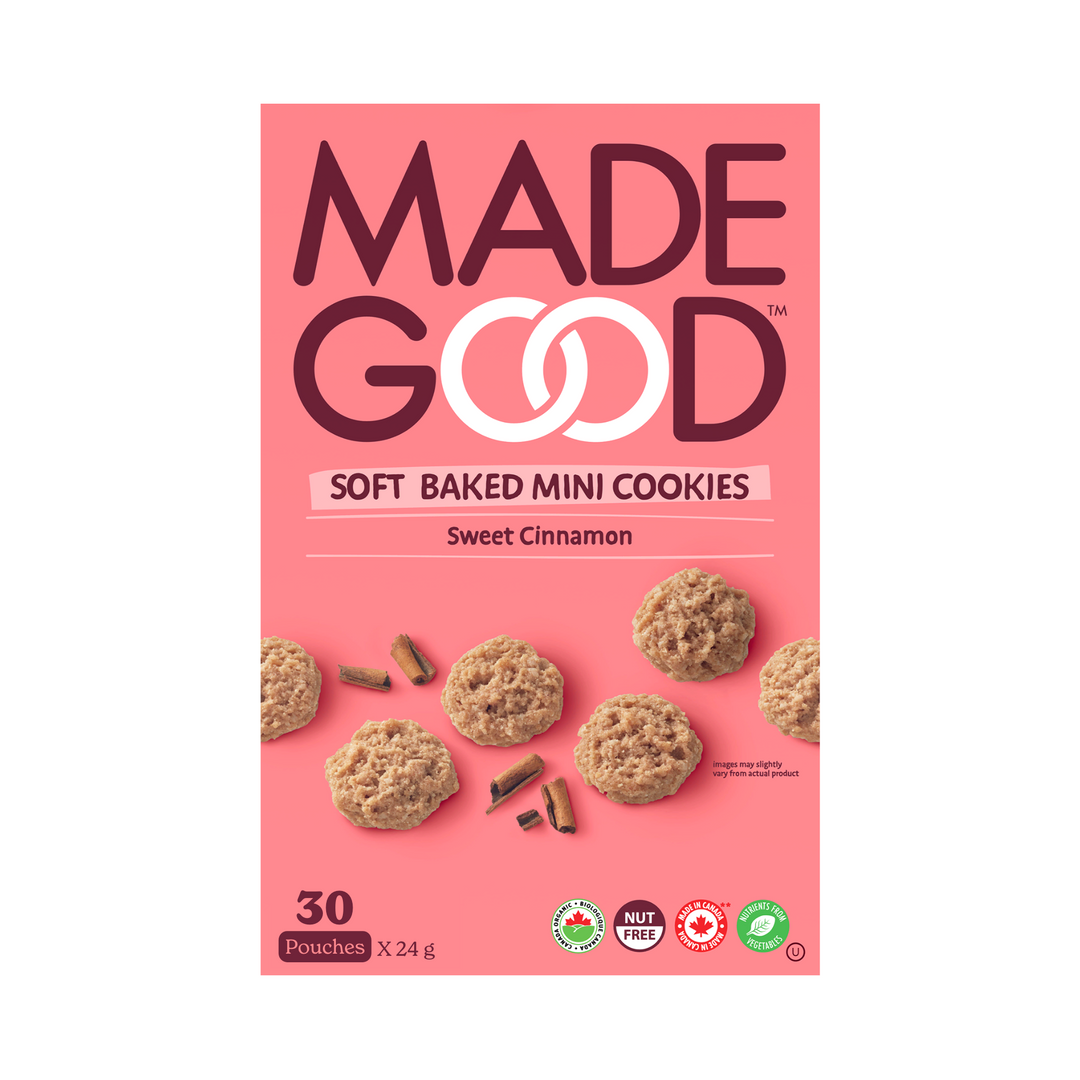 30 pouches of MadeGood sweet cinnamon soft baked mini cookies