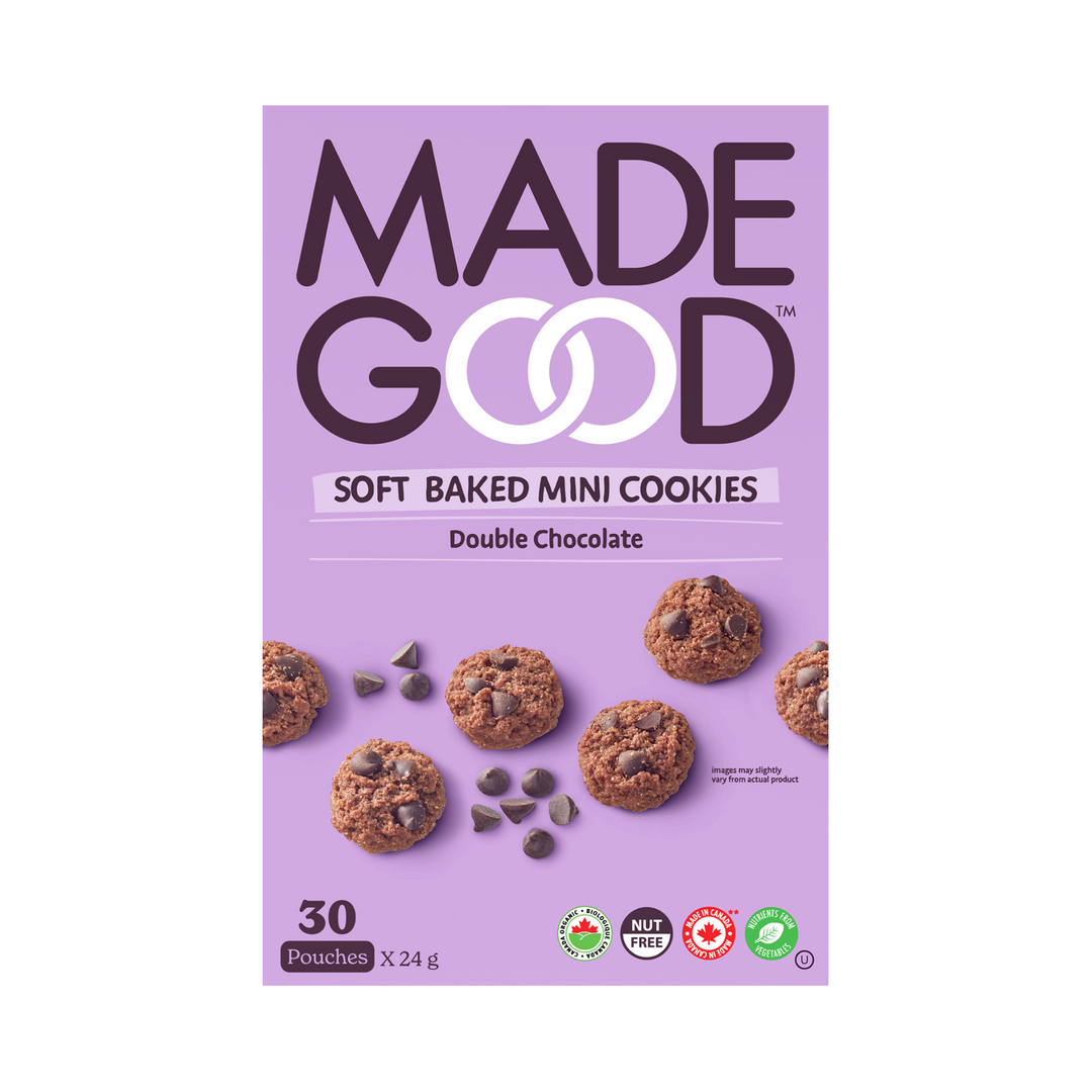 A box with 30 pouches of MadeGood soft baked double chocolate mini cookies