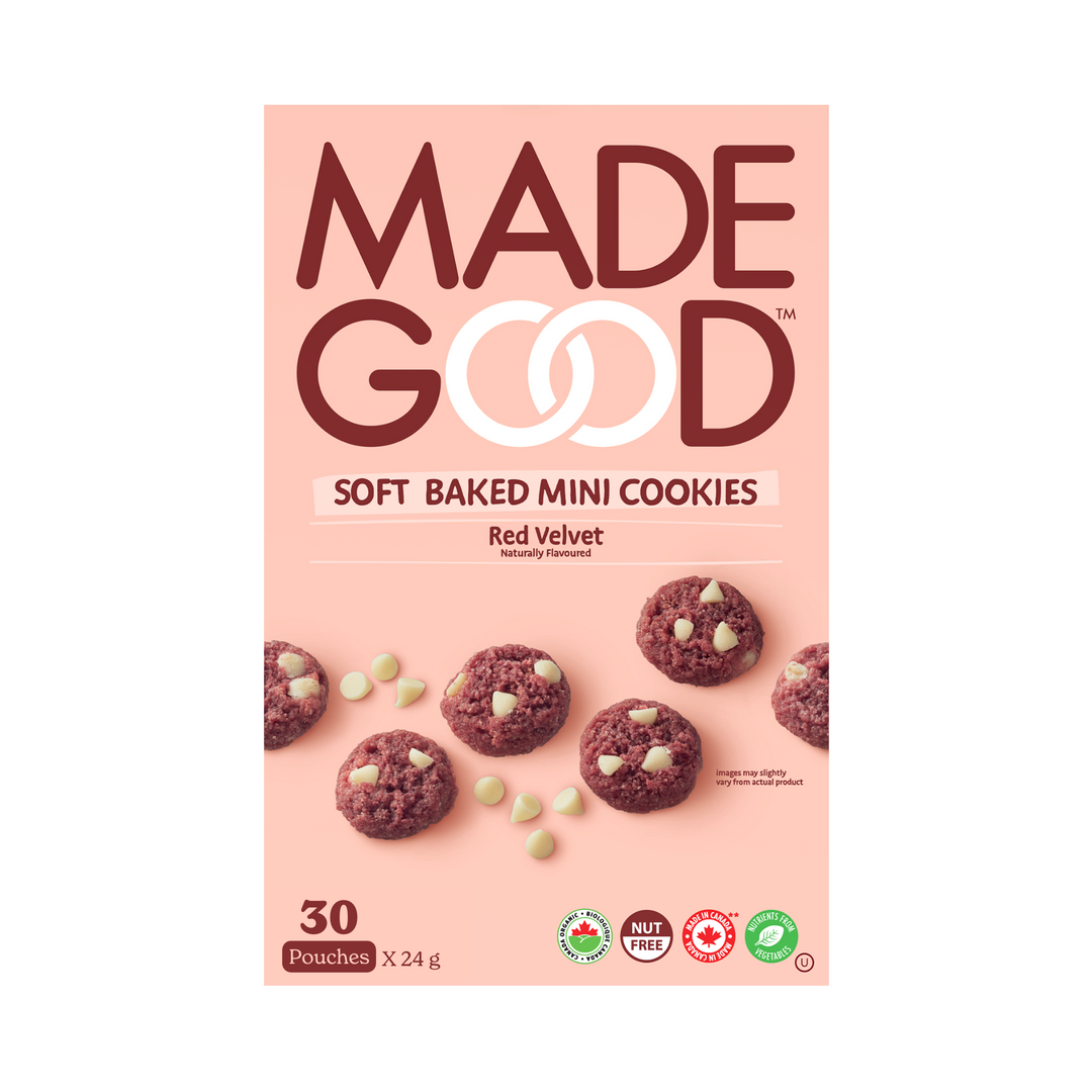 30 pouches of MadeGood red velvet soft baked mini cookies