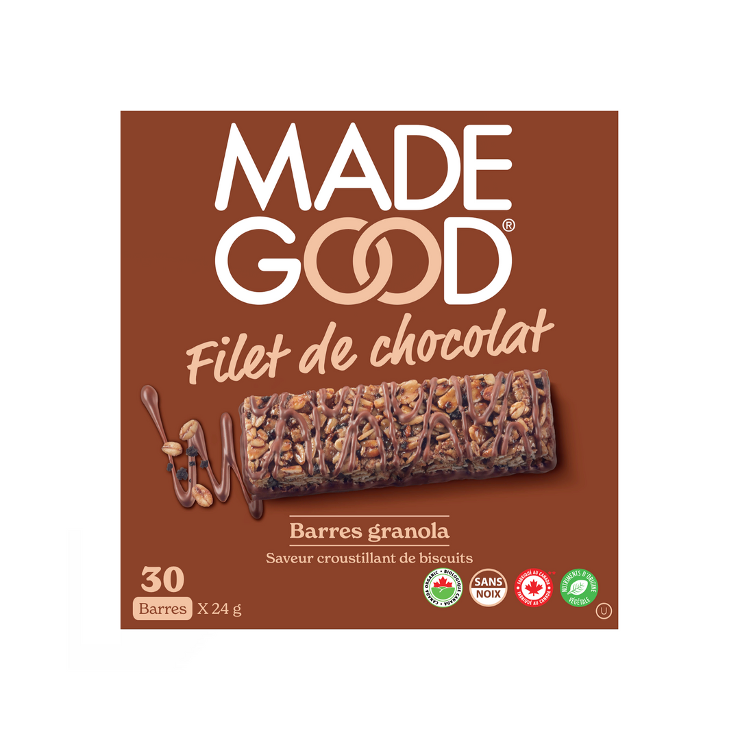 une boite avec 30 barres granola de MadeGood filet de chocolate saveur croustillant de biscuits