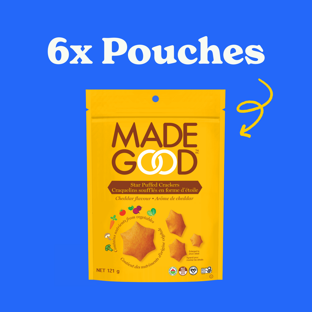 6 pouches of MadeGood star puffed crackers weighing 121g each