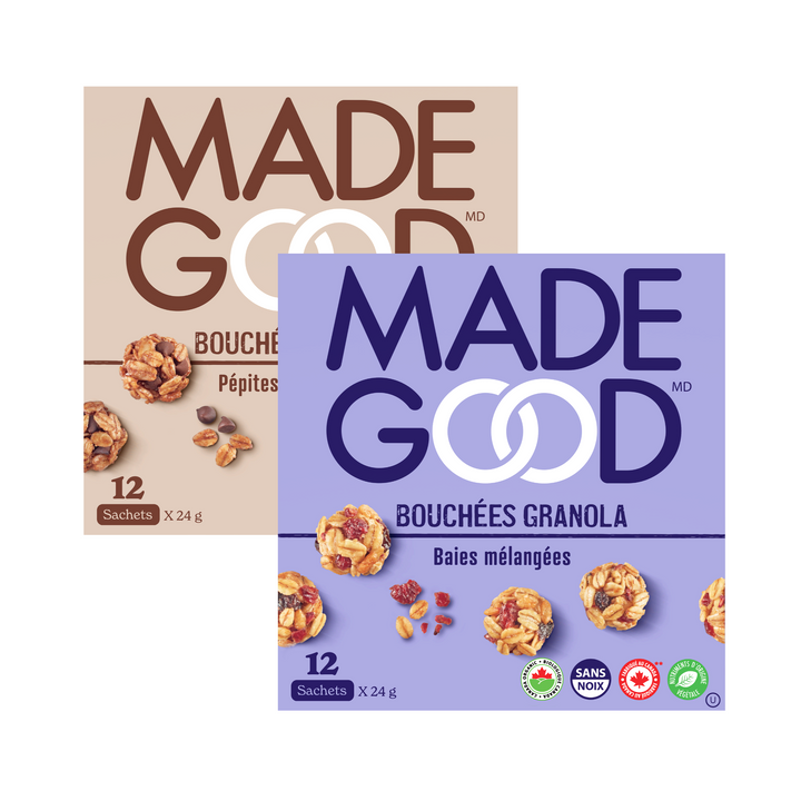 24 sachets de MadeGood bouchées granola avec 14 en saveur bais melangees et pepites chocolat