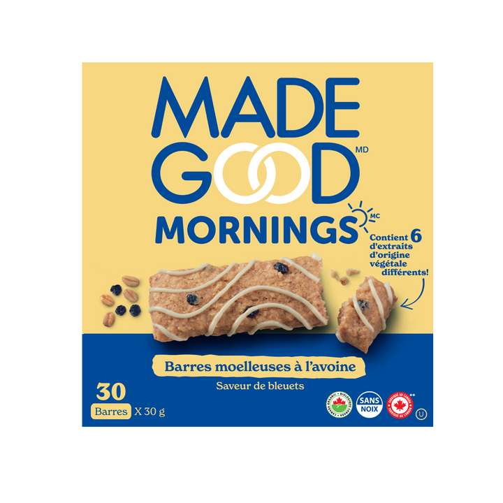 Une boite de 30 barres MadeGood mornings barres moeleuses a l'avoine saveur de bleuets