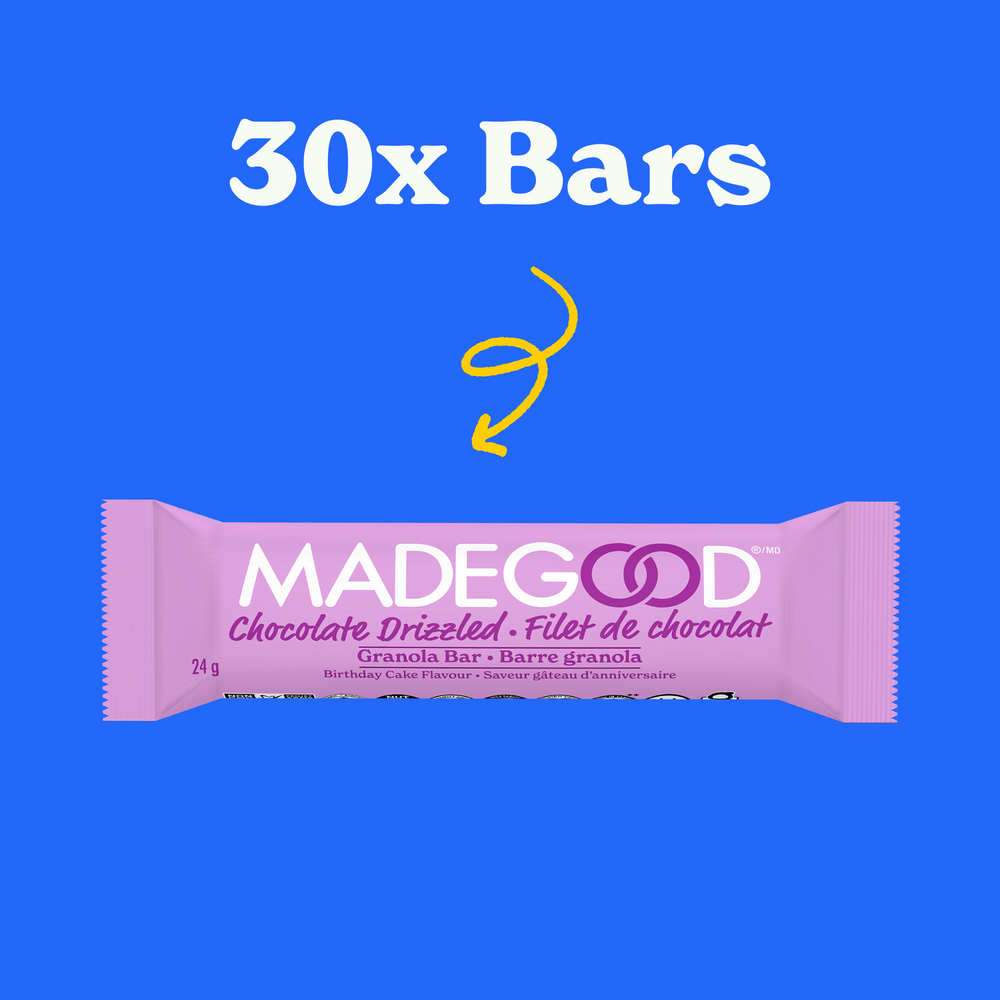 30 bars of MadeGood choloclate drizzled bars in birthday cake flavour