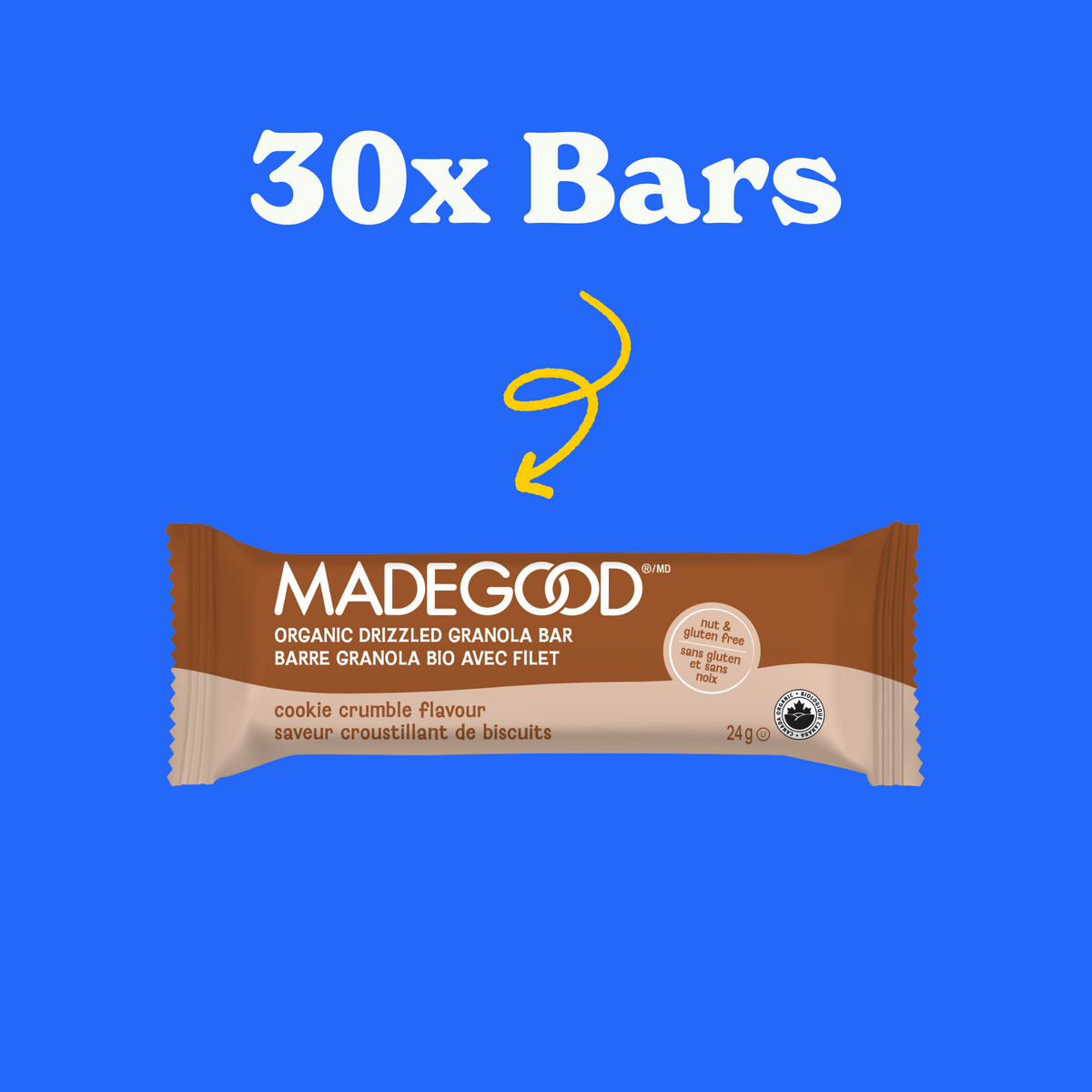 30 count of MadeGood chocolate drizzled cookie crumble granola bar