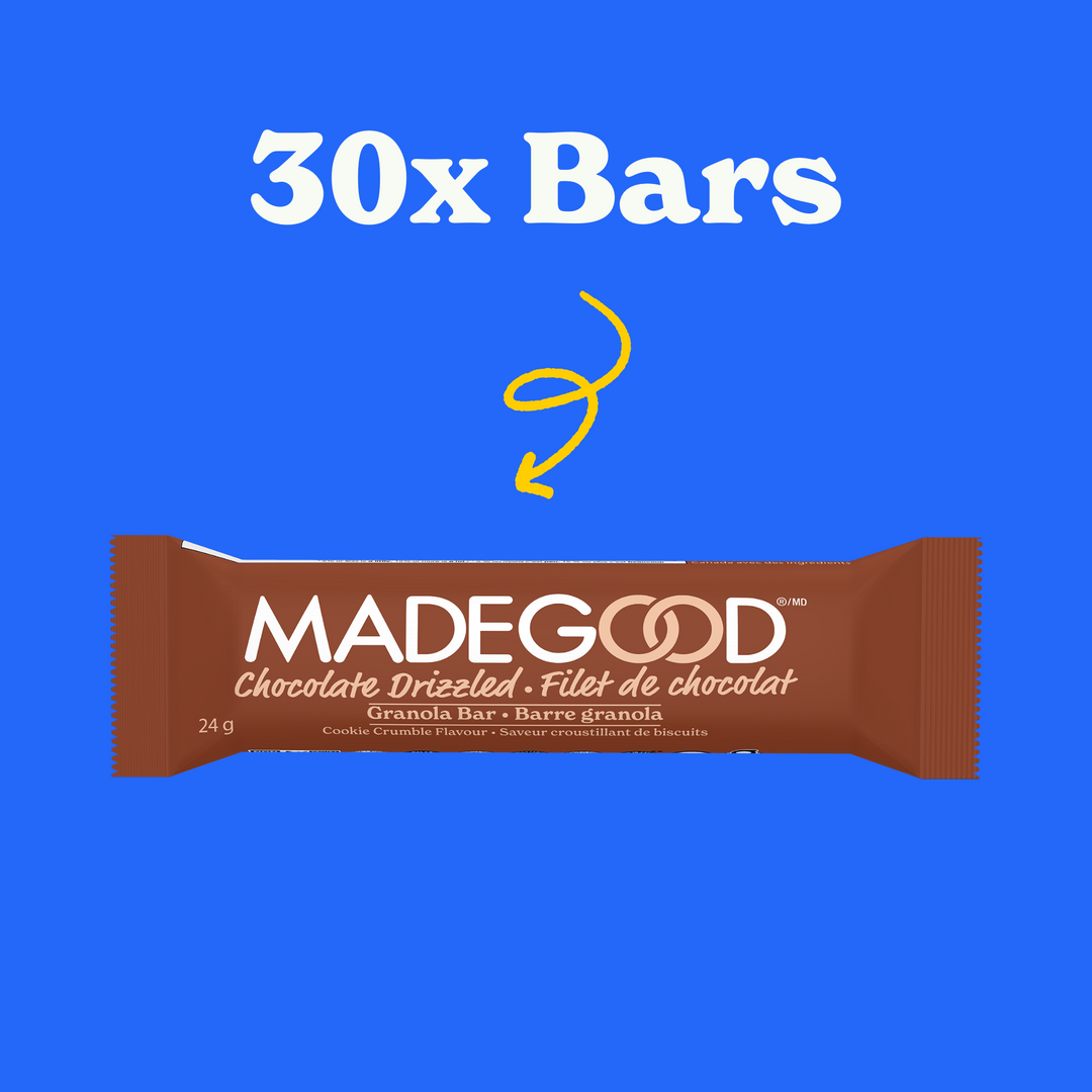 30 count of MadeGood chocolate drizzled cookie crumble granola bar