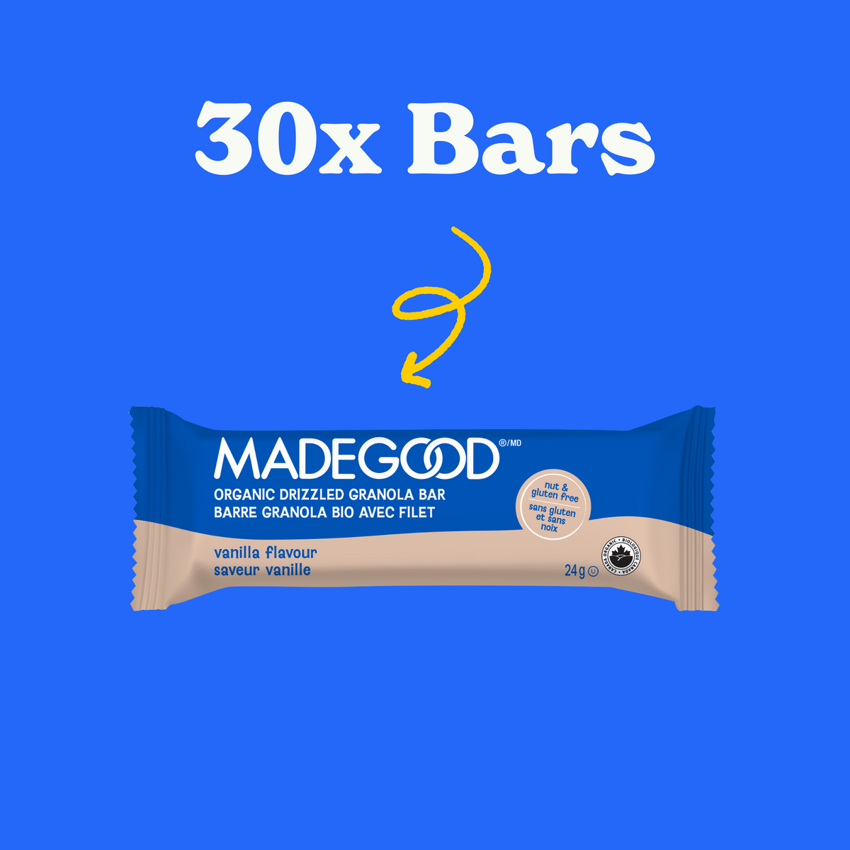 30 bars of MadeGood chocolate drizzled granola bar in vanilla flavour