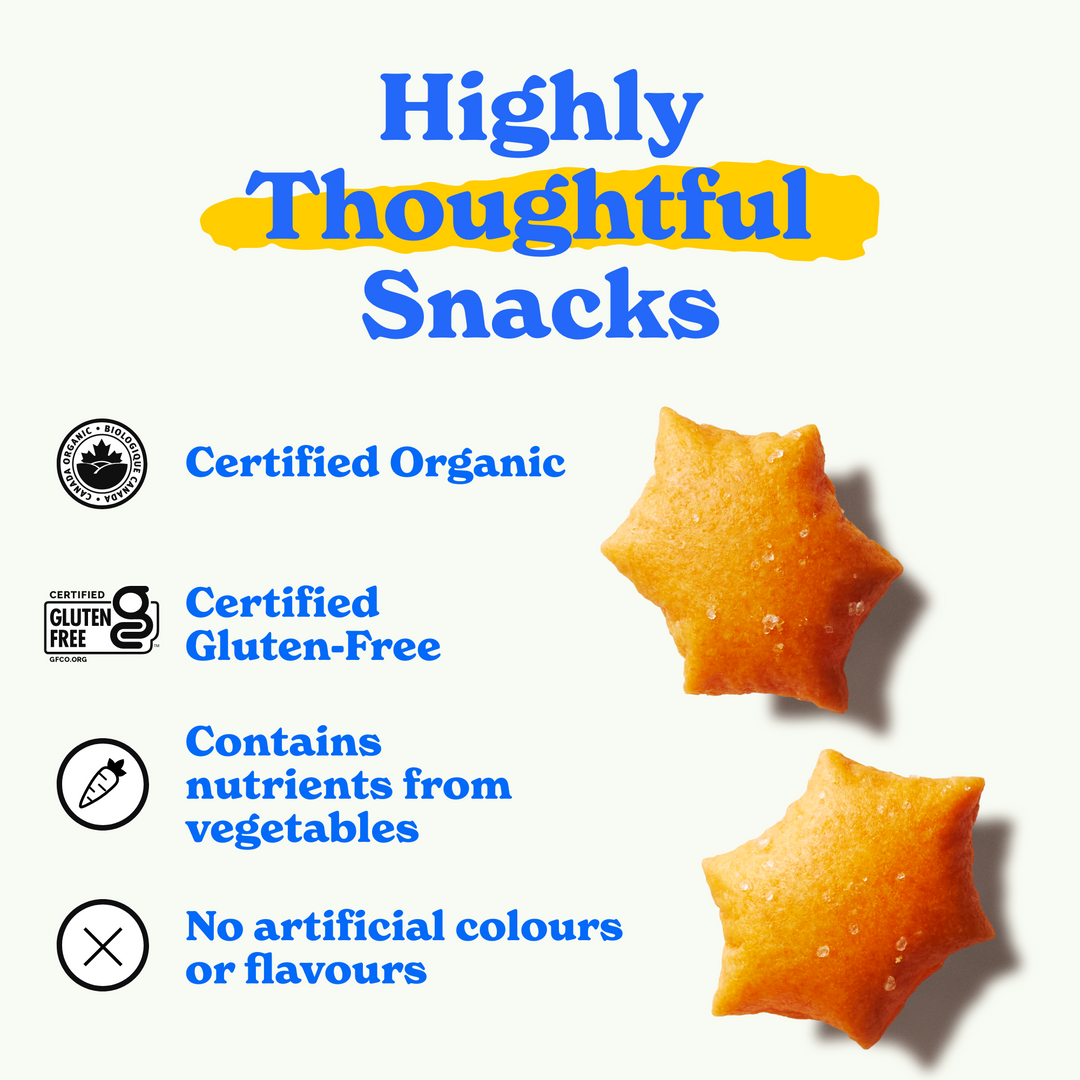 Highly thoughtful snacks: certified organic, certified gluten-free, contrains nutrients from vegetables, no artificial colours or flavours