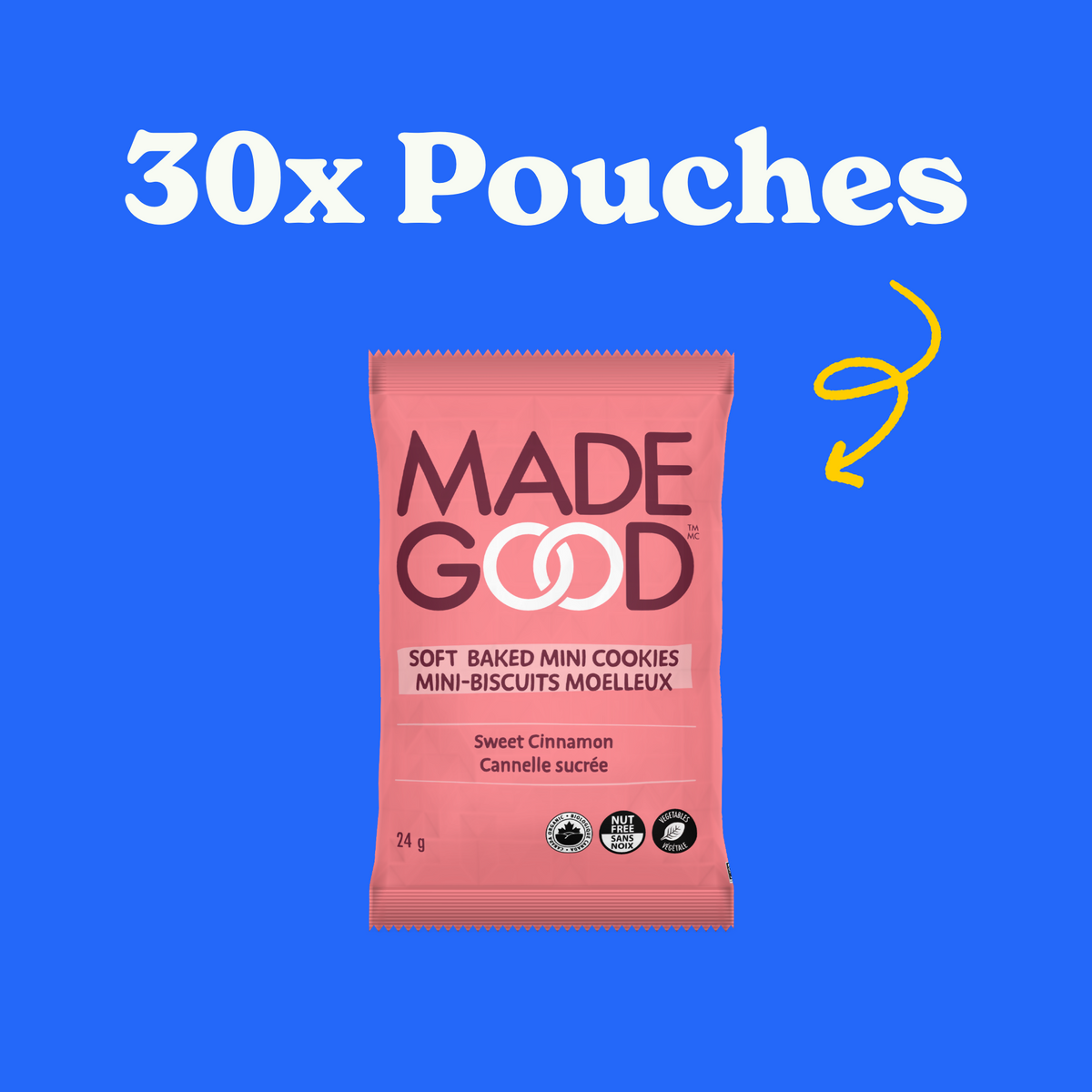 30 pouches of MadeGood sweet cinnamon soft baked mini cookies
