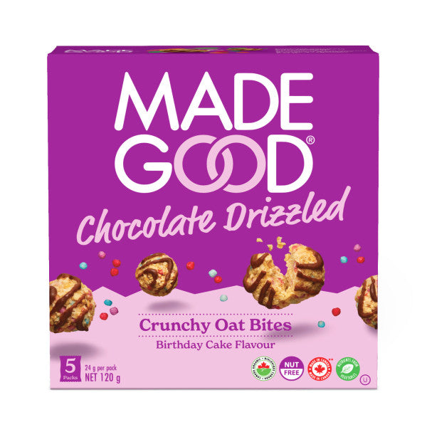 A box of MadeGood chocolate drizzled crunchy oat bites birthday cake flavour