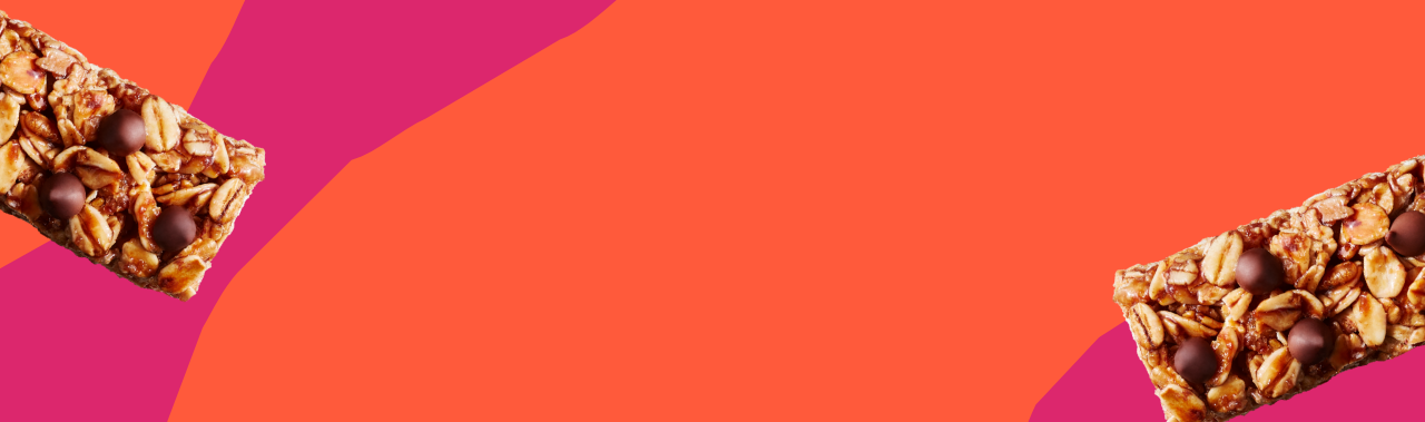 Two MadeGood Chocolate Chip granola bars on a vibrant orange and pink abstract background Two MadeGood Chocolate Chip granola bars on a vibrant orange and pink abstract background