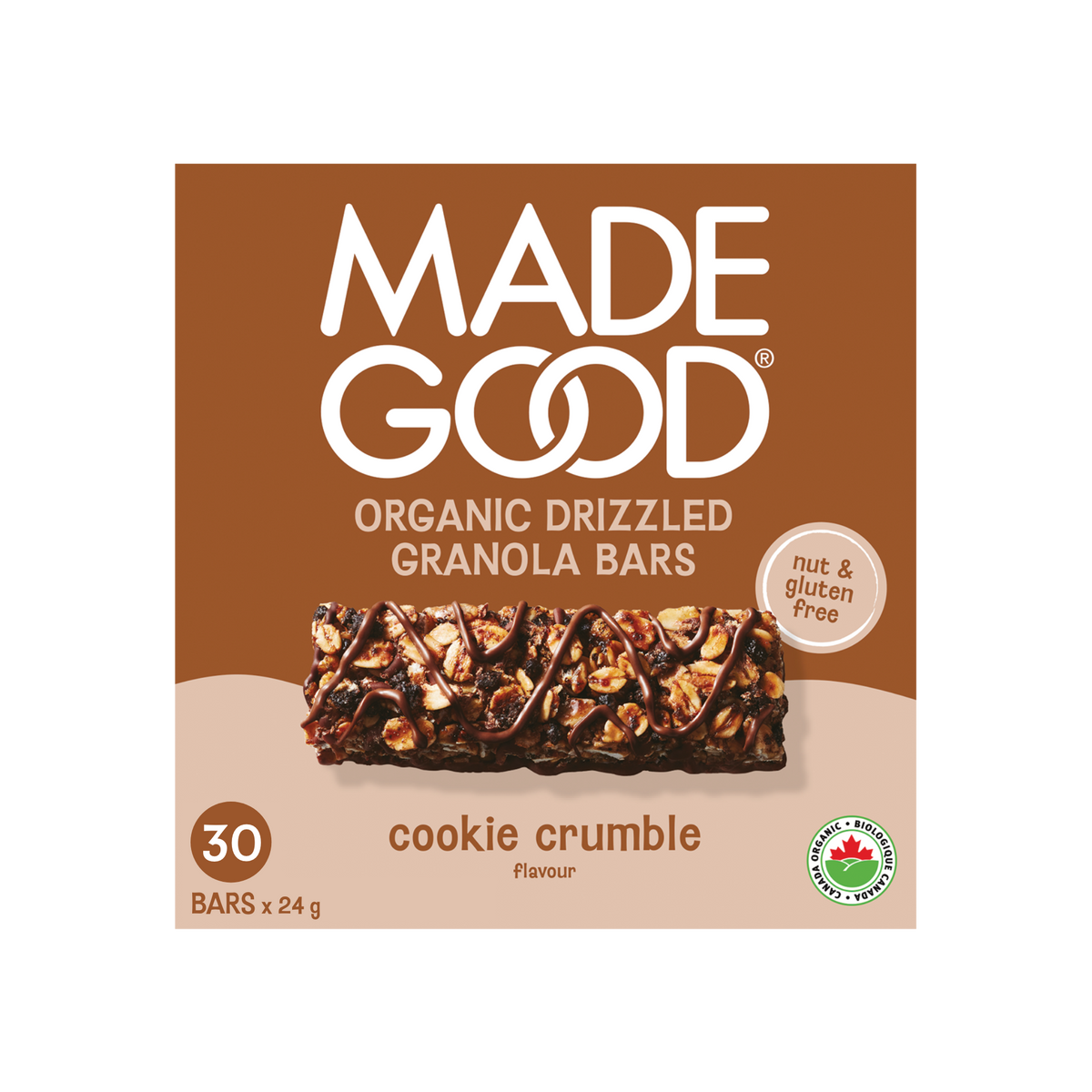 A box with 30 bars of MadeGood chocolate drizzled cookie crumble granola bar