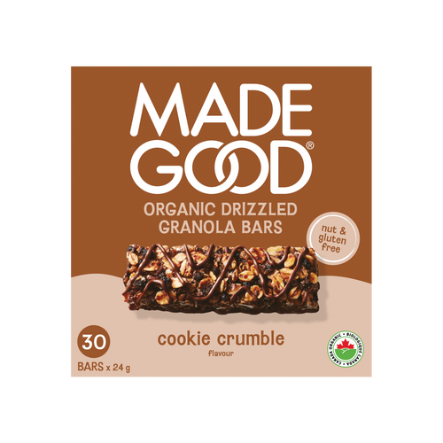A box with 30 bars of MadeGood chocolate drizzled cookie crumble granola bar