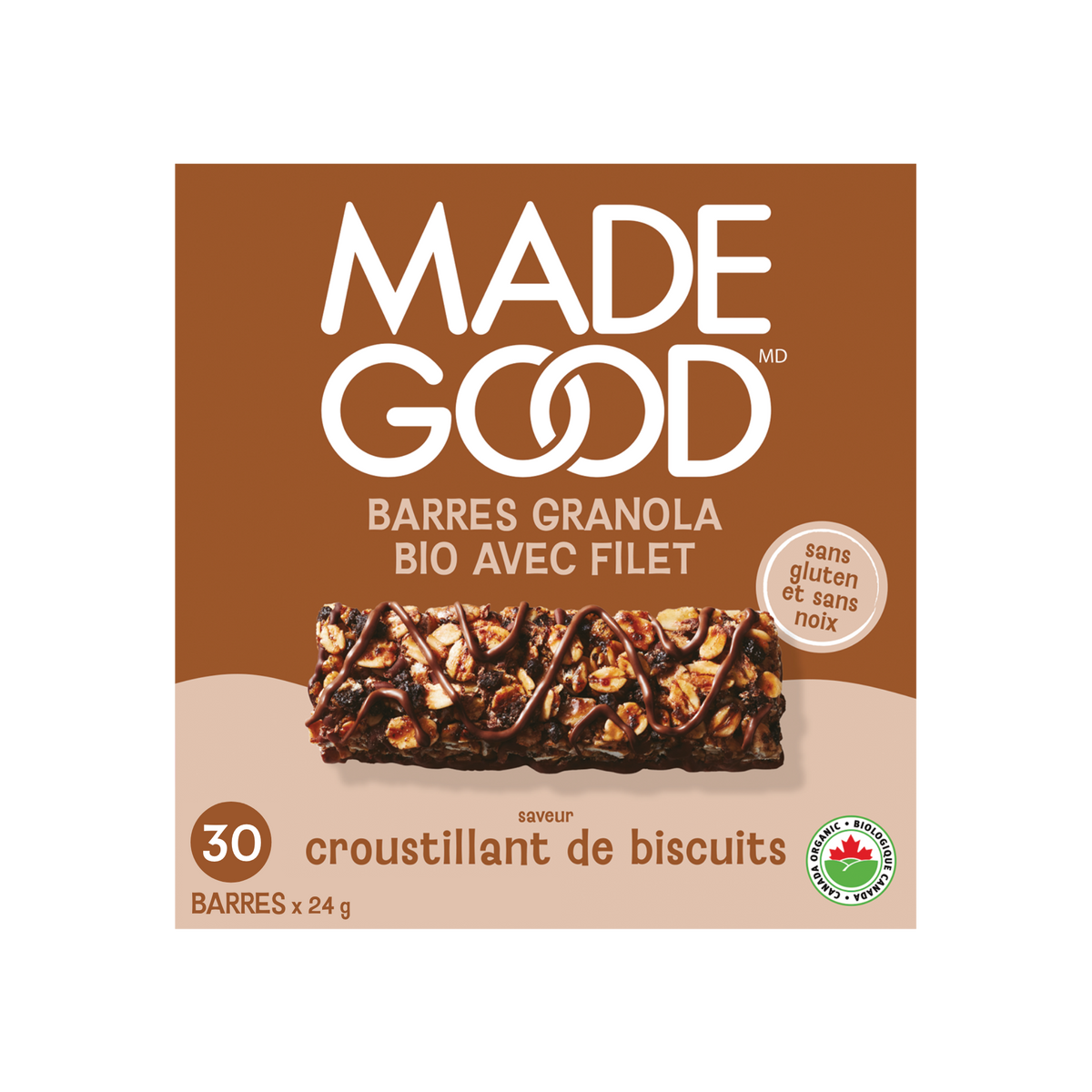une boite avec 30 barres granola de MadeGood filet de chocolate saveur croustillant de biscuits