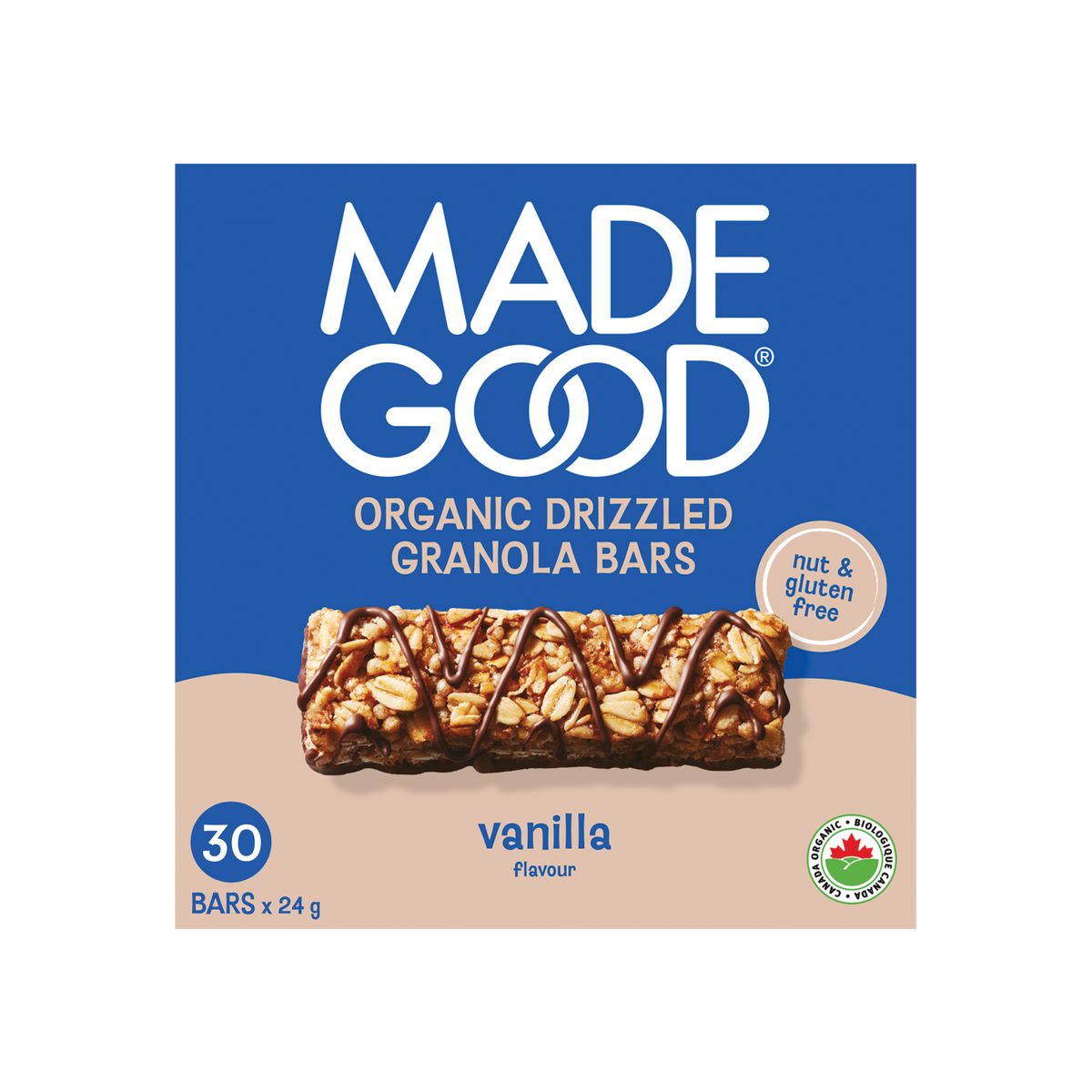 A box of MadeGood chocolate drizzled granola bar in vanilla flavour