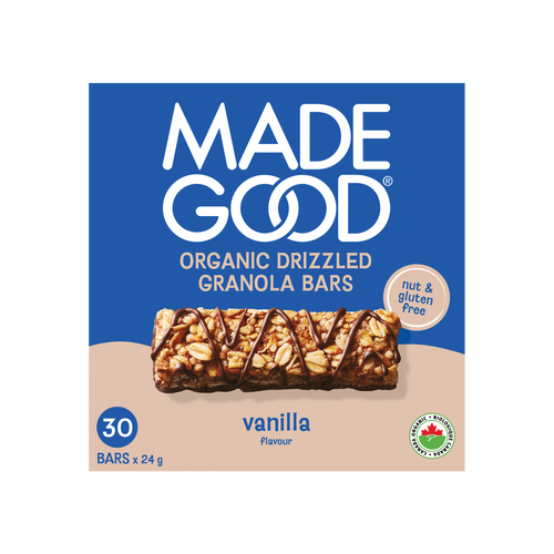A box of MadeGood chocolate drizzled granola bar in vanilla flavour