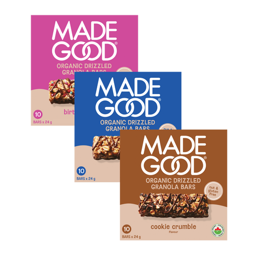 30 count of chocolate drizzled bars: 10 birthday cake, 10 vanilla, and 10 cookie crumble