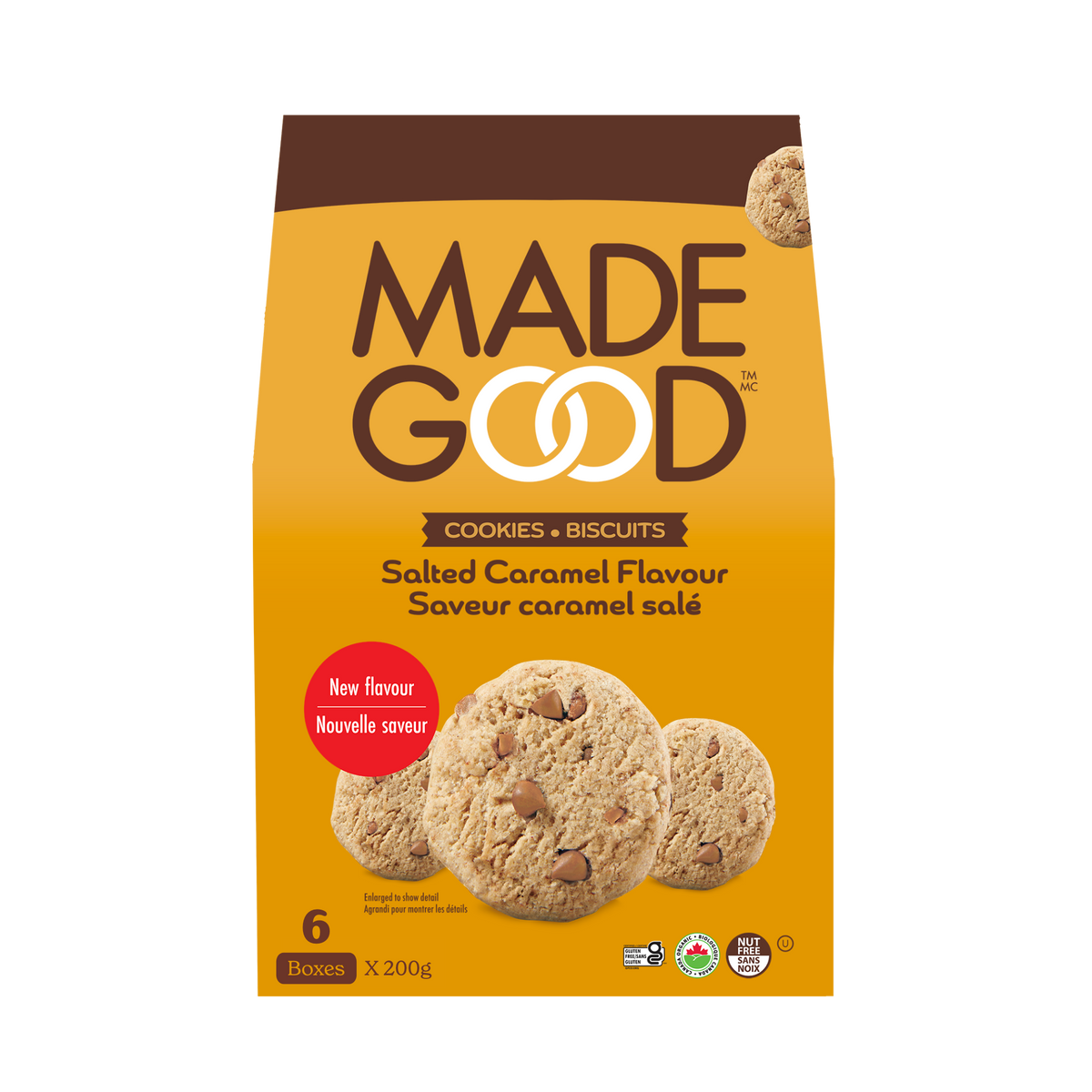 A box of MadeGood cookies in salted caramel flavour