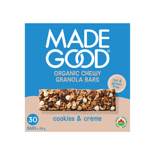 A box with 30 MadeGood cookies & creme granola bars