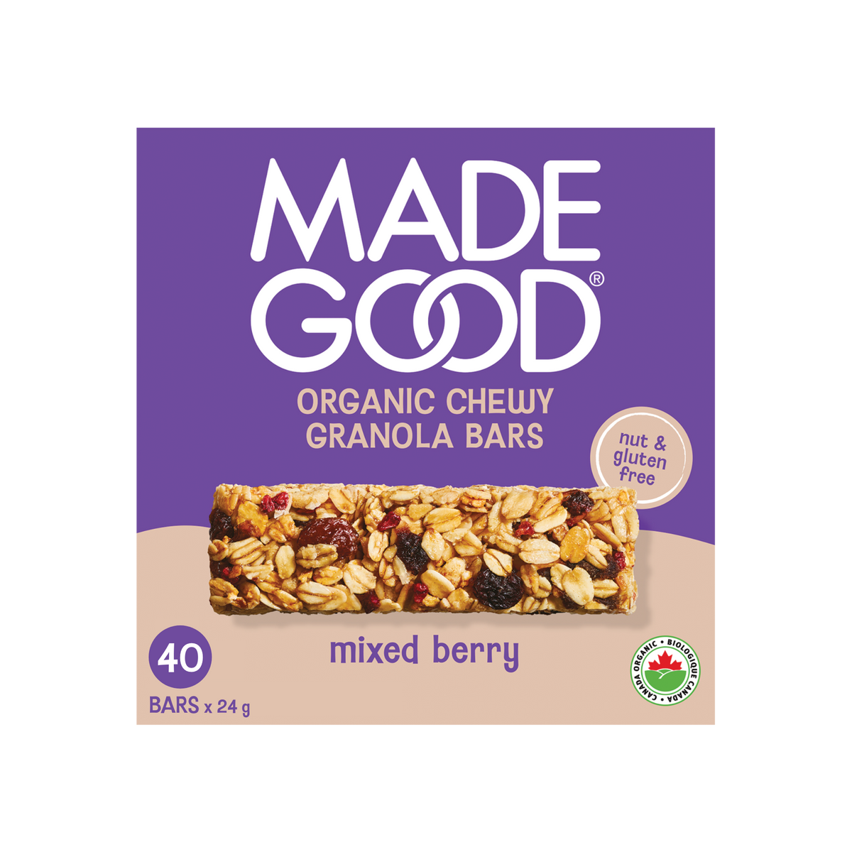 a box with 40 MadeGood mixed berry granola bars