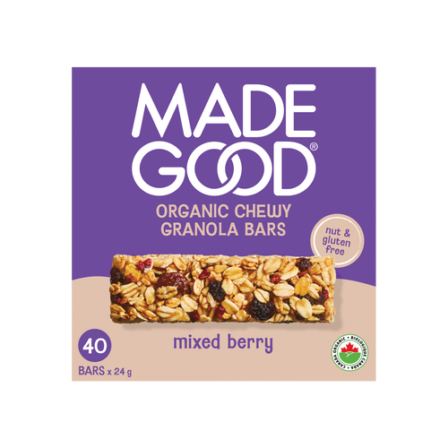a box with 40 MadeGood mixed berry granola bars