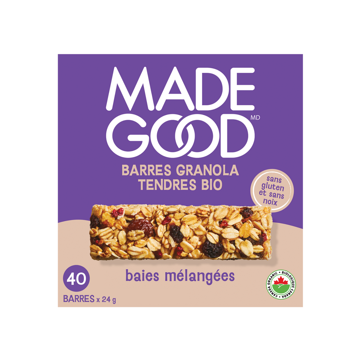 Une boite avec 40 MadeGood barres granola saveur de baies melangees