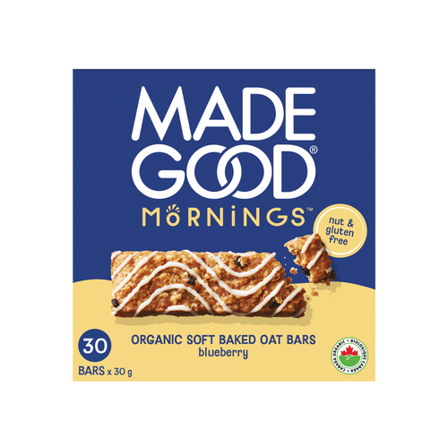 A box of 30 MadeGood mornings blueberry soft baked oat bars