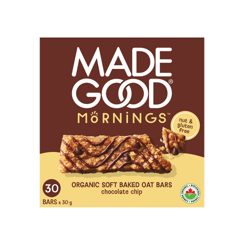 A box of 30 MadeGood mornings chocolate chip soft baked oat bars.