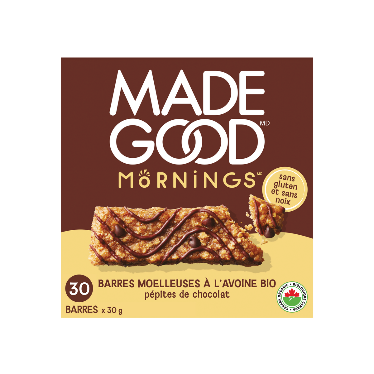 Une boite de 30 MadeGood mornings barres moelleuses a l'avoine saveur de pepites de chocolat