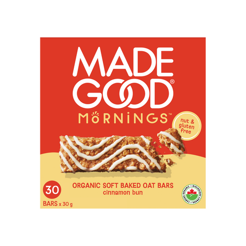A box of 30 MadeGood mornings cinnamon bun soft baked oat bars