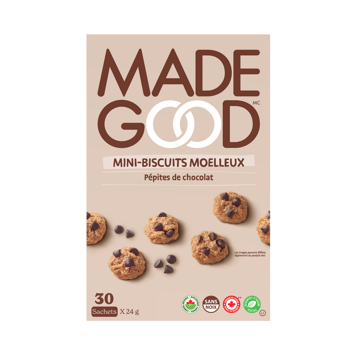 Une boite avec 30 sachets de MadeGood mini-biscuits moelleux saveur de pepites de chocolat