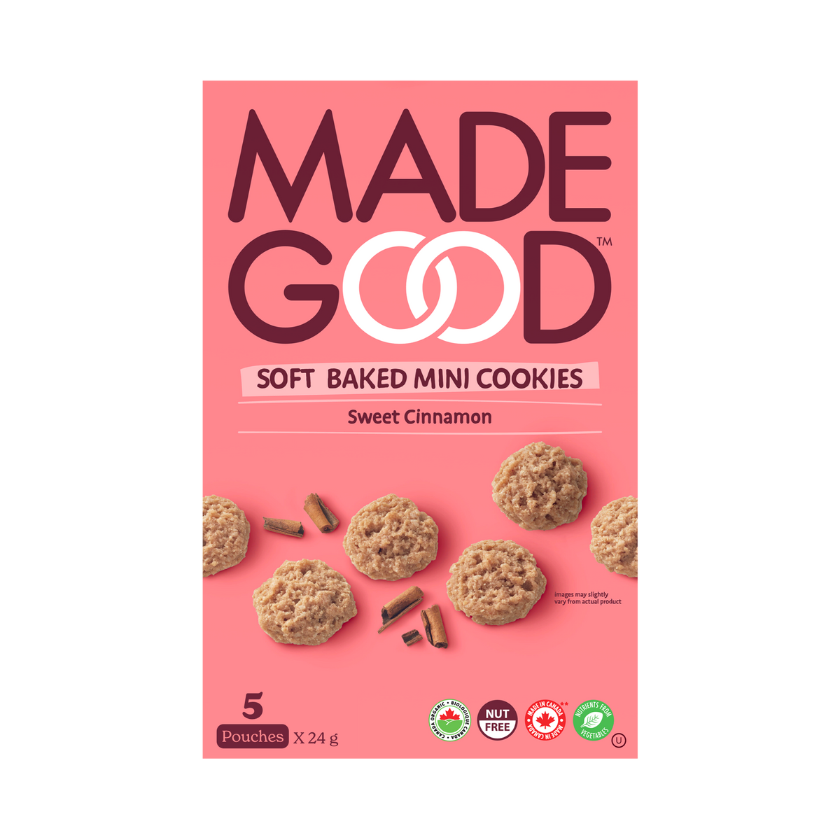A box of MadeGood sweet cinnamon soft baked mini cookies