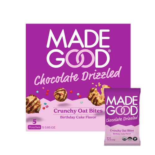 A box of MadeGood chocolate drizzled Granola Bites in Birthday Cake flavor