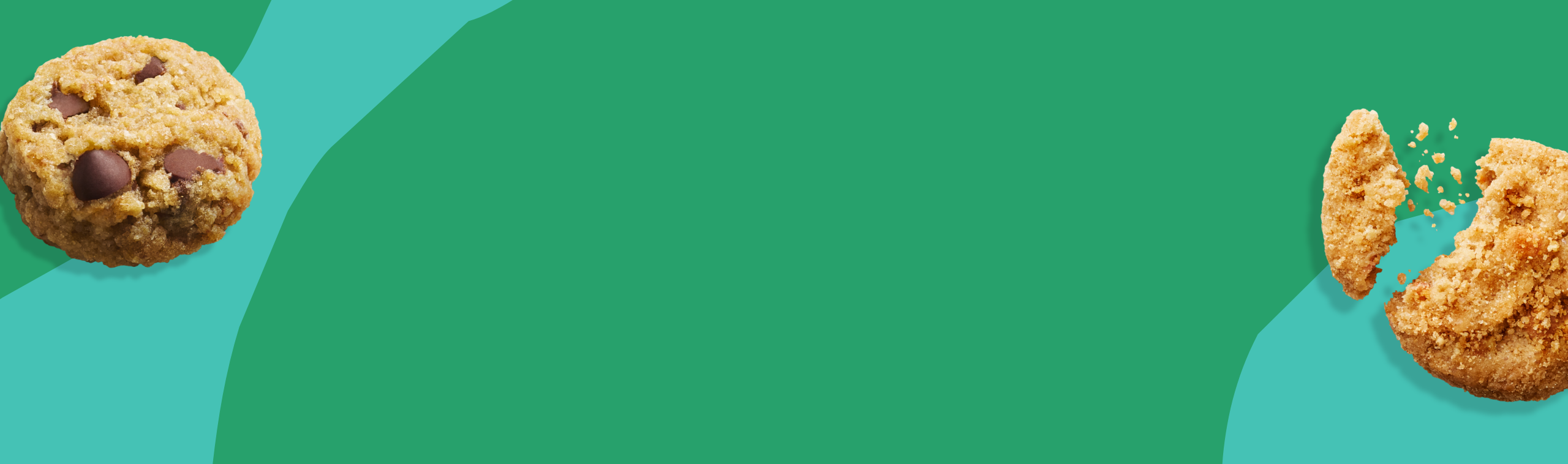 MadeGood Crunchy Cookies in chocolate chip and a snickerdoodle flavours on a green and teal abstract background background MadeGood Crunchy Cookies in chocolate chip and a snickerdoodle flavours on a green and teal abstract background background