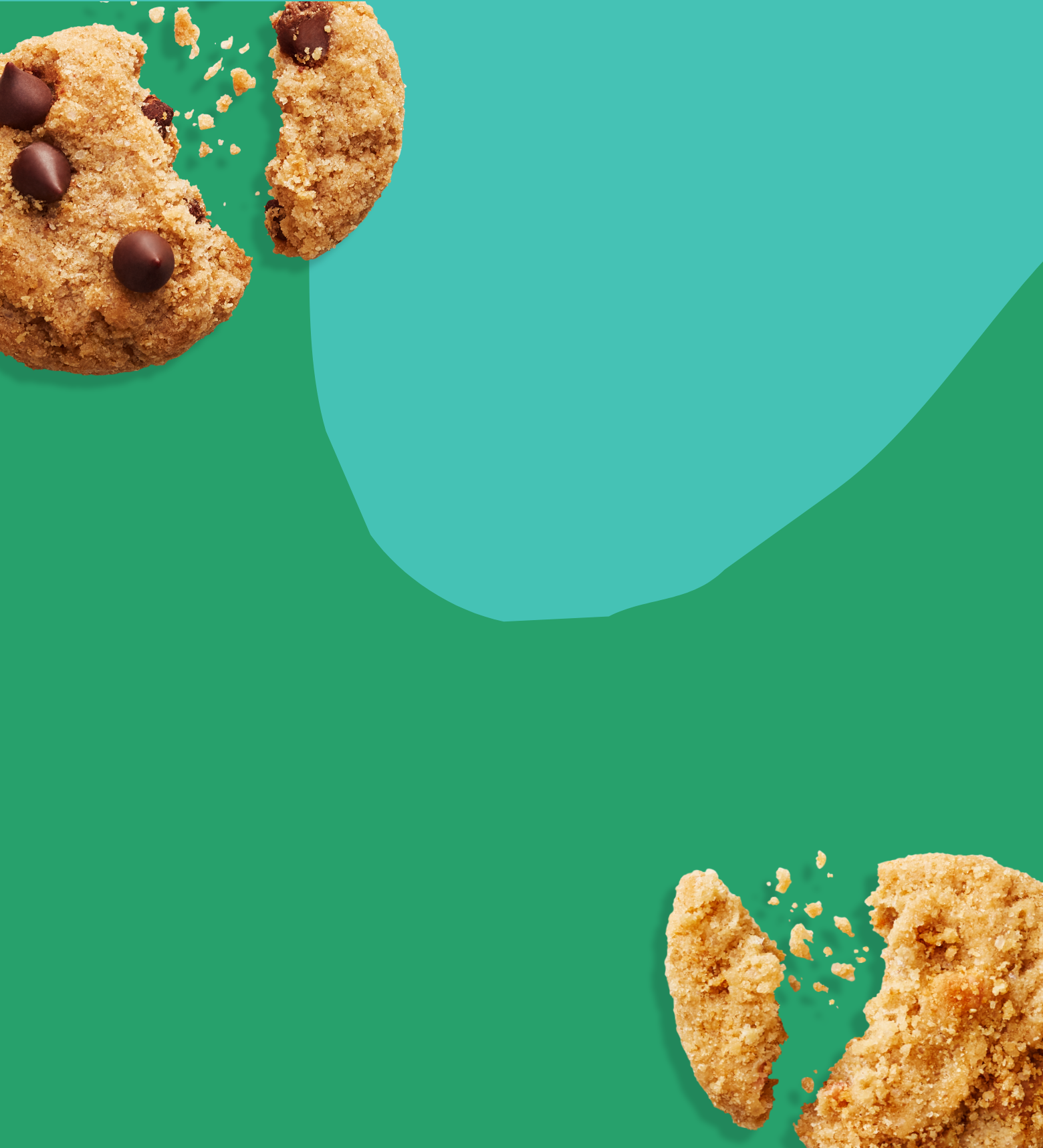 MadeGood Crunchy Cookies in chocolate chip and a snickerdoodle flavours on a green and teal abstract background background MadeGood Crunchy Cookies in chocolate chip and a snickerdoodle flavours on a green and teal abstract background background
