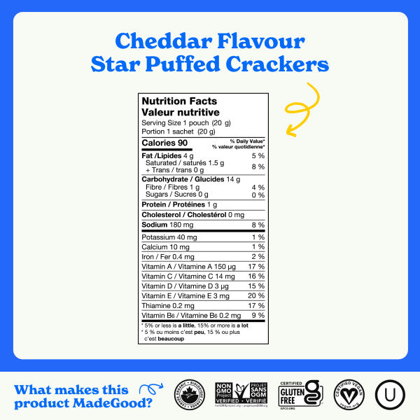 Sheddar flavour star puffed crackers nutrition facts: 90 calories per pouch 